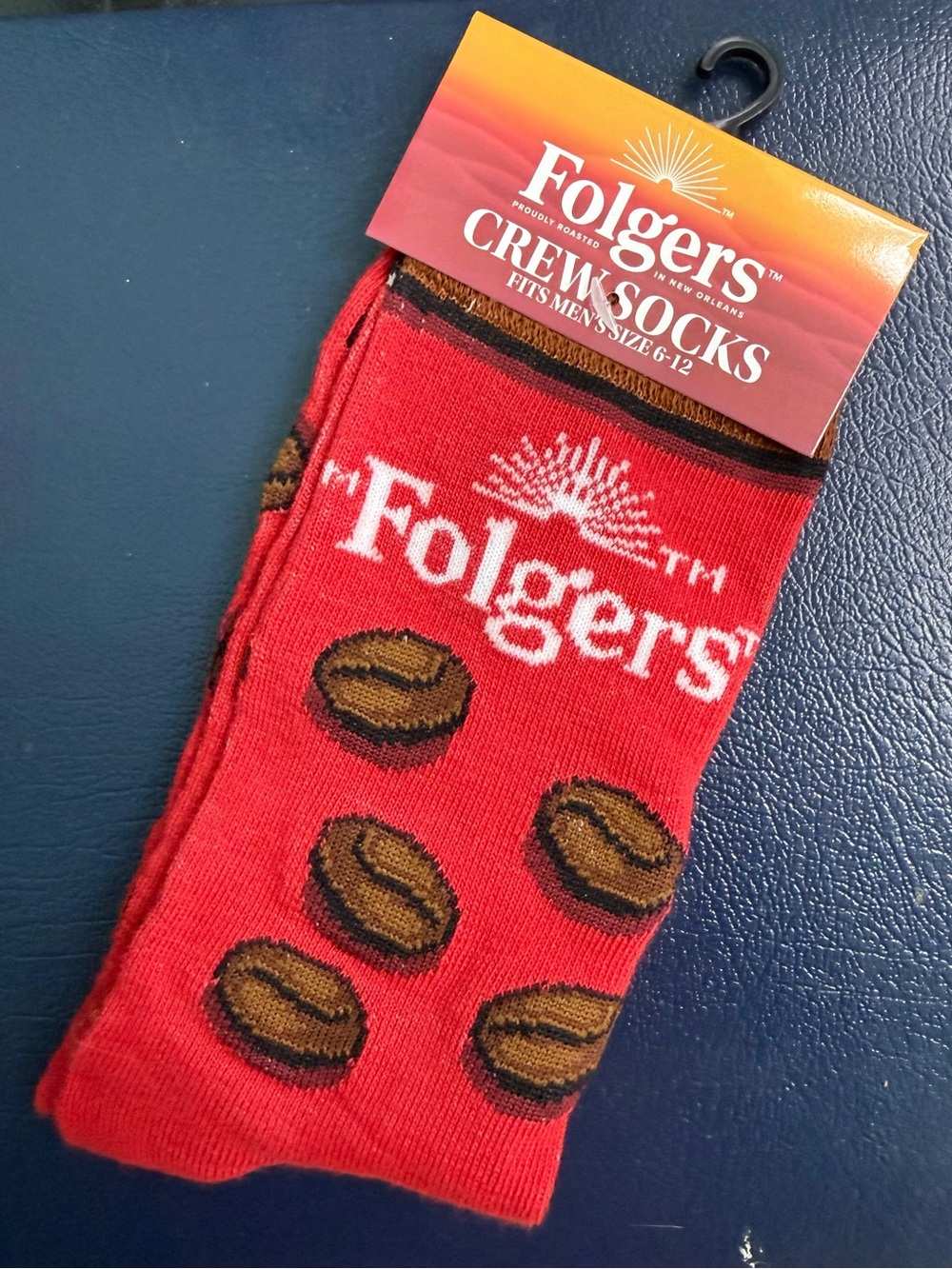New Red FOLGERS Coffee Crew Socks with Coffee Bean Motif
